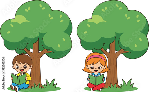 Cute Cartoon Illustration of a Young Boy and Girl Sitting Under Green Trees Reading Books Representing Education Literacy Childhood Learning and Early Childhood Development