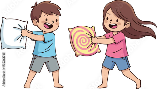 Cute Cartoon Vector Illustration of a Young Boy and Girl Having a Playful Pillow Fight Representing Childhood Joy Sibling Fun and Indoor Sleepover Activities