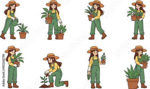 Cute Cartoon Vector Illustration Set of a Young Female Gardener Planting Watering and Carrying Potted Plants Representing Home Gardening Hobbies Sustainability and Nature Care