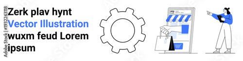 Gear symbol with online storefront and shopping bags, person analyzing on tablet. Ideal for ecommerce, business, online shopping, strategy, technology, process, simple landing page