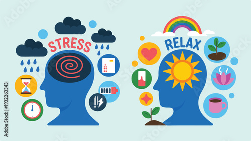 Illustration of human heads showing contrast between stress and relaxation with various emotional state icons