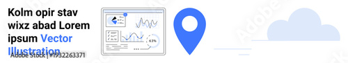 Data analytics, location services, cloud technology, mapping, business tools, information visualization. A dashboard with graphs and geolocation pin near a cloud. Data analytics and location services
