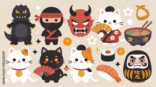 Digital illustration featuring cartoon cats, sushi, and Japanese masks in a playful arrangement