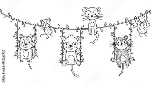 Cartoon Cats Hanging on String.