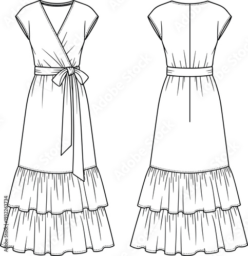 Fashion flat sketch, women’s dress design, wrap-style bodice illustration, V-neckline detail, sash belt waist, tiered gathered skirt, garment CAD vector