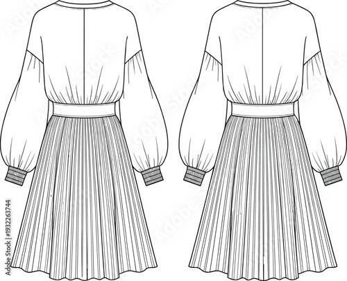 Fashion flat sketch, women’s dress design, gathered skirt illustration, voluminous long sleeves, fitted waistband detail, garment CAD drawing vector