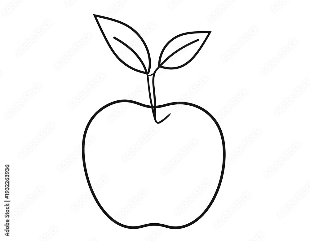 Fototapeta premium Simple, black and white illustration of a apple with two leaves coming out of the stem area of the apple