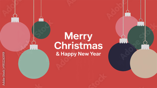 A minimalist Christmas greeting card design featuring hanging ornaments and festive text on a red background viewed directly