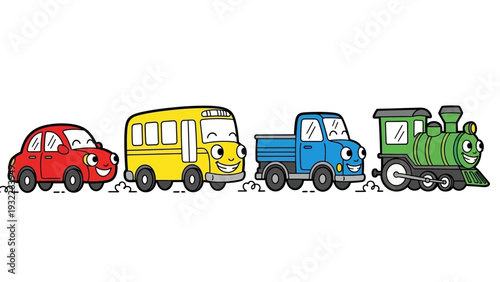 Cartoon vehicles in a row.