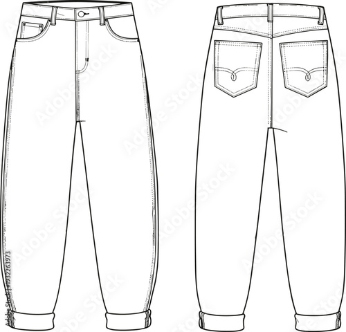 Cuffed trousers fashion sketch, technical garment flat drawing, clothing design illustration, apparel vector template, seam detail, waistband structure, CAD fashion design