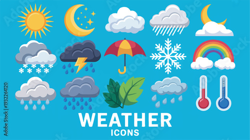 A collection of weather icons illustrating various climatic conditions and symbols on a vibrant blue background viewed from a straightforward perspective