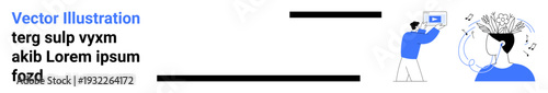 Person engaging with digital tools while another showcases creative mind processes with illustrated brain activity. Ideal for education, technology, creativity, brainstorming, innovation, workshops