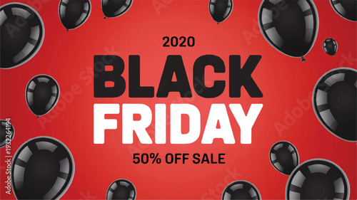 Black Friday sale banner with discount offer and black water droplets on red background viewed from front