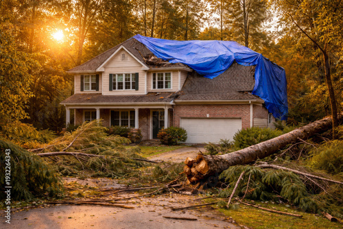 House has tarp on its damaged roof with fallen tree branches scattered nearby as sun sets
