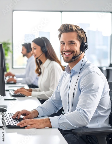 Smiling support team member at a desk, wearing a headset and typing on a keyboard