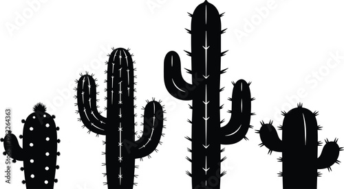 Black Cactus Silhouette Set Featuring Various Desert Saguaro and Prickly Pear Succulent Plants for Southwest Landscaping Nature Graphic Design and Exotic Botanical Vector Illustration