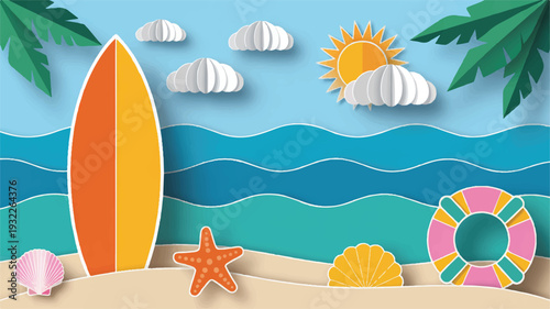 Summer beach scene with surfboard, seashells, and inflatable ring on sandy shore with ocean waves and sunny sky