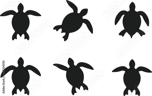 Simple black silhouettes of sea turtles in various swimming positions