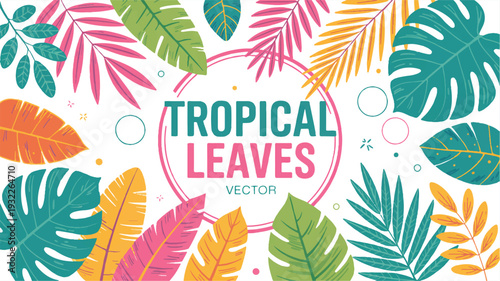 Vibrant promotional banner featuring tropical leaves in a vector illustration design for advertising purposes from a direct viewpoint