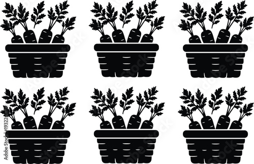 Black Carrot Silhouette Set in Woven Baskets with Leafy Greens Isolated on White Background for Organic Farming Farmers Market Healthy Food and Agriculture Design Projects