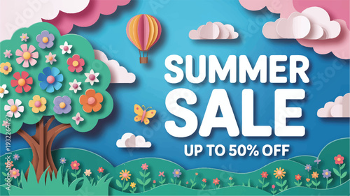 Vibrant Summer Sale Illustration Featuring Flowers and Hot Air Balloon