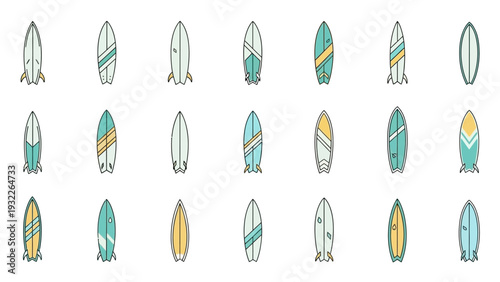 Collection of various surfboards lineup.