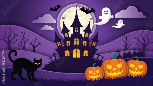 A whimsical Halloween illustration of a haunted house with a black cat, pumpkins, and a ghost under the full moon in a dark landscape.