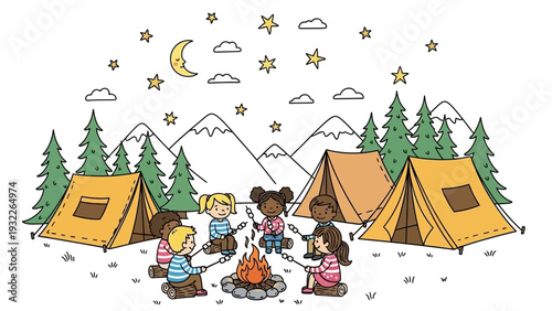 Family Camping Under Starry Night Sky.