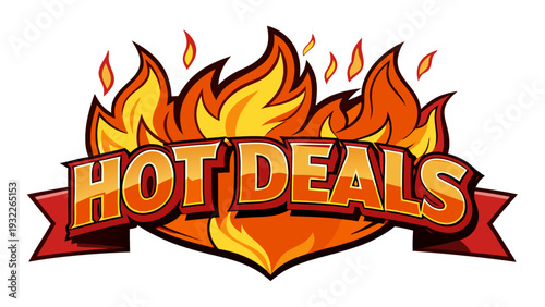 Vector illustration banner featuring words 'Hot Deals' engulfed in dynamic flame effects