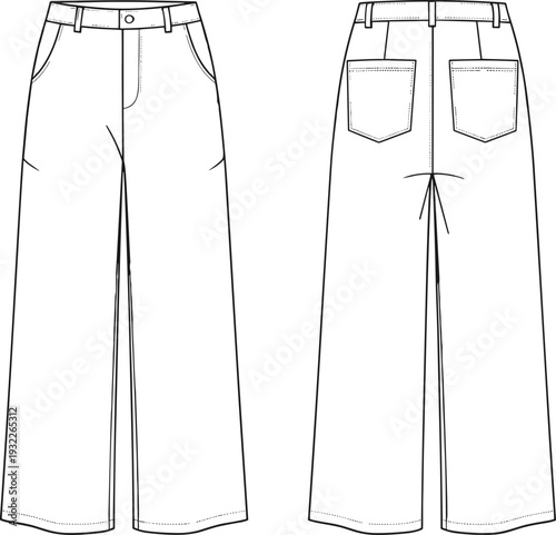 Wide-leg pants fashion sketch, technical garment flat drawing, clothing design illustration, apparel vector template, seam detail, waistband structure, CAD fashion design