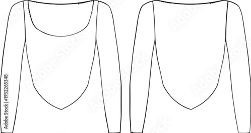 Fashion flat sketch, women’s long-sleeved top design, scoop neckline illustration, pointed hemline detail, front and back view, garment CAD drawing vector