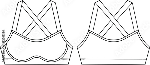 Fashion flat sketch, women’s sports bra design, wide crisscross strap illustration, contour cup detail, seamless back view, garment CAD drawing vector