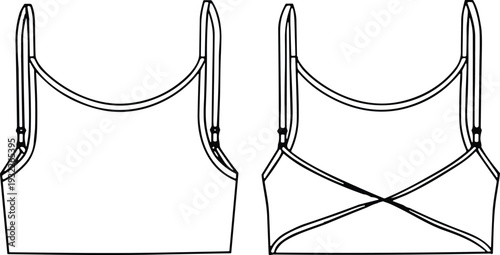 Fashion flat sketch, women’s sports bra design, scoop neckline illustration, crisscross strap back detail, adjustable straps, garment CAD drawing vector