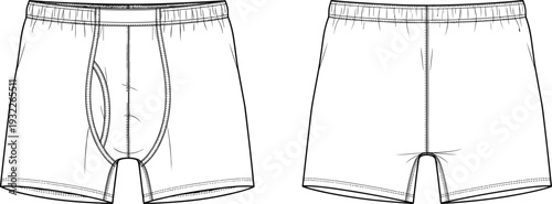 Men’s boxer briefs CAD drawing, technical flat vector illustration, front pouch fly detail, back seam design, fashion garment construction sketch