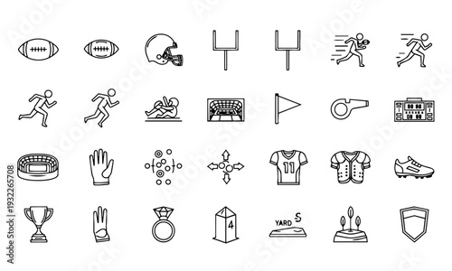Cricket SolidAmerican Football Line Icon Set – Running Player, Helmet, Goal Post, Stadium and Equipment Outline VectorIcon Set – Bat, Ball, Helmet, Wickets, Trophy and Stadium Glyph Vector Collection