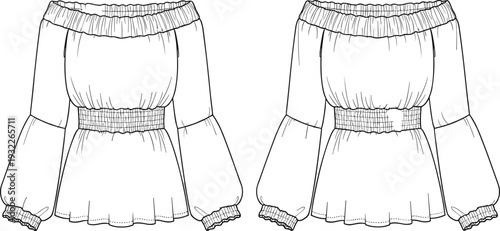       Off-shoulder blouse fashion sketch, puff sleeve garment drawing, technical clothing illustration, apparel vector template, seam detail, CAD fashion design