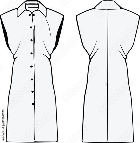 Sleeveless shirt dress technical sketch, collared neckline, button placket, princess seams, vector fashion drawing, cad drawing flat vector illustration