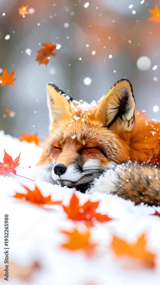 Fototapeta premium A red fox peacefully sleeps in the snow with falling leaves during a winter scene