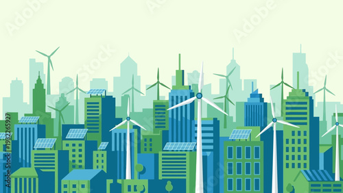 Sustainable Cityscape with Wind Turbines and Green Buildings.