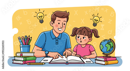 Father and Daughter Reading Together at Desk 1.