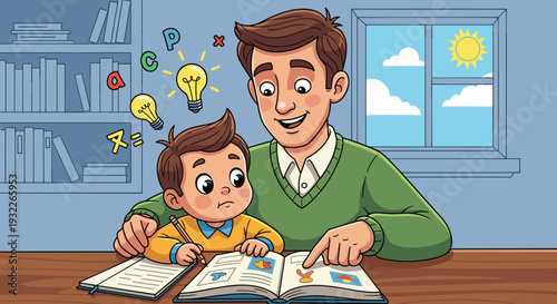 Father and Son Reading Together at Home.