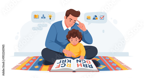 Father and Son Reading Together on Rug.