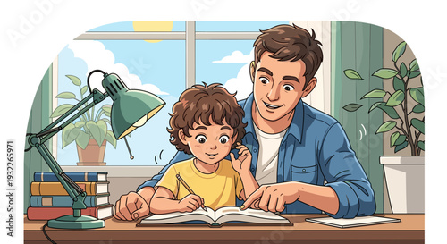 Father and Son Reading Together at Desk 1.