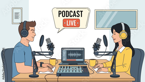 Man and woman podcast recording.