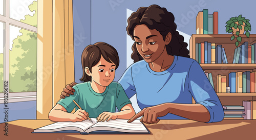 Mother and Son Reading Together at Home.