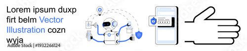 Cybersecurity, identity verification, AI integration, data protection, authentication, digital tools. Robot managing tasks, smartphone security interface, and a verification hand symbol