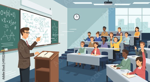 Teacher lecturing students in a classroom setting 1.