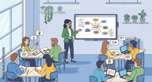 Teacher presenting to students in classroom 2.