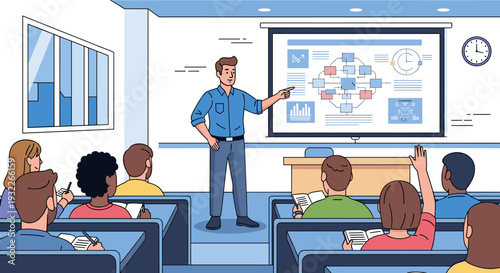 Teacher presenting to students in classroom 10.