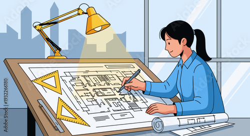 Woman Architect Working on Blueprint Design.